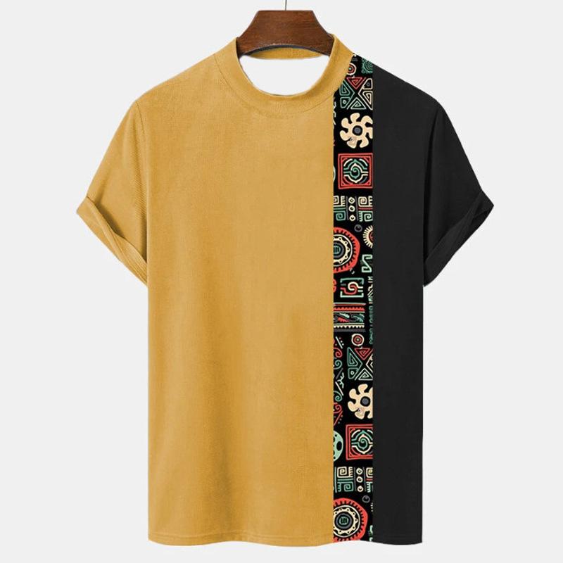 Pánské tričko s kmenovým etnickým vzorem, barevné prošívání, 3D potisk, letní ležérní top s kulatým výstřihem, krátký rukáv, volné tričko