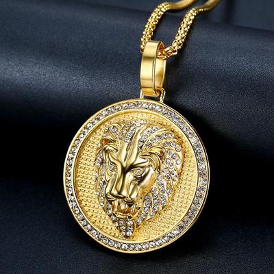 Nerezová ocel Titan Lví hlava Luxusní Zirkon Kulatý přívěsek Hip Hop Řetízky na krk Náhrdelník pro muže Ženy Dárek Šperk