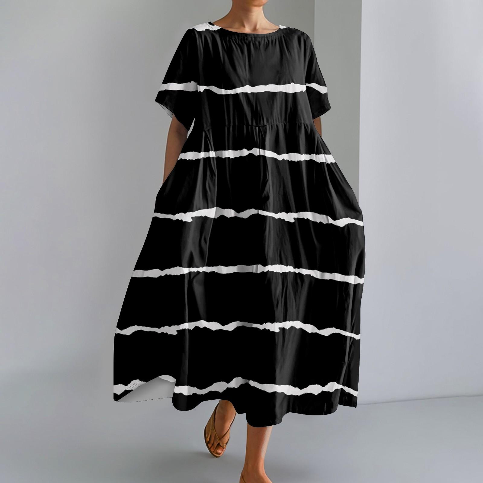 

Женское модное платье с карманом и круглым вырезом с короткими рукавами и принтом L чёрный