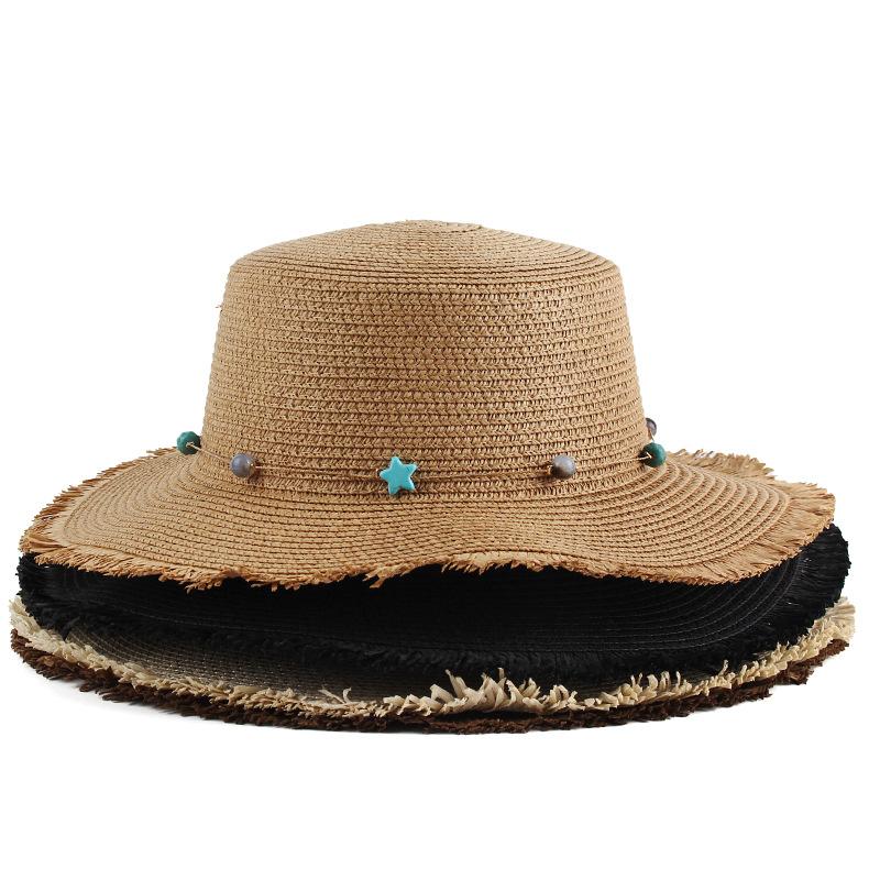 Spring and summer new women's flat top top top hat personalized fringed edge sunshade straw hat outdoor vacation hat