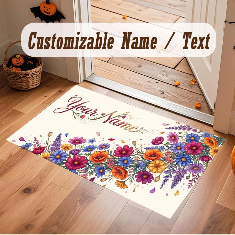 Floral Garden Theme Crystal Velvet Floor Rug Personalized Custom Name Text Warm Carpet Home Decoration