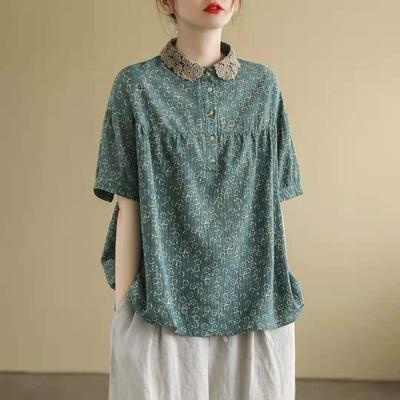 Damen Sommer Casual T-Shirts Vintage Stil Spitzenkragen Blumendruck Lose Weibliche Kurzarm Baumwolle Tops Tees