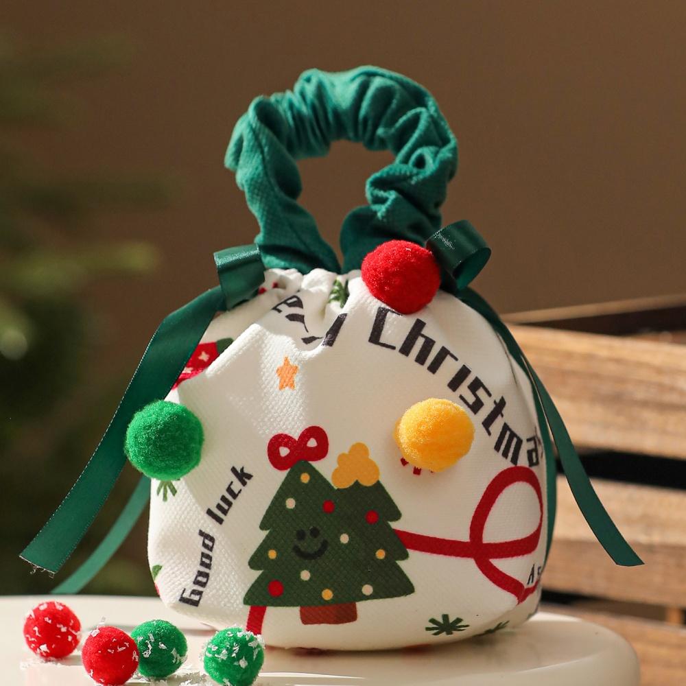 Christmas Gift Bags Cartoon Candy Bag with Bow Biscuits Apple Packaging Box Children's Drawstring Pouch Party Supplies Storage