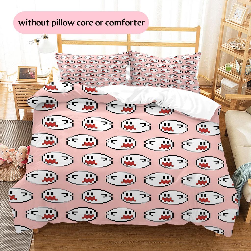 Boo Mario Pattern Bedding Home Decoration Birthday Gift ( 1 Duvet Cover + 2 Pillowcase, Without Core),fan Merchandise.