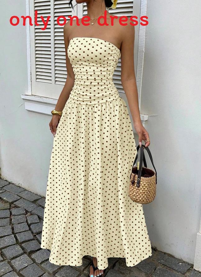 Ärmelloses High-Neck-Langkleid mit Wellenpunktmuster und Rüschensaum für Büro und Alltag