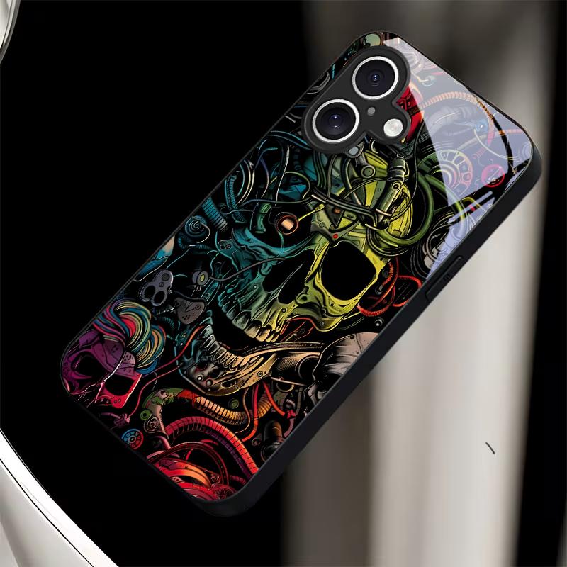 Neon Tech Skull Graffiti Black Glass Phone Case For iPhone 17 Air 16 E 15 Plus 14 Pro Max 13 12 Mini 11 5 6 7 8 Plus XR X Cover