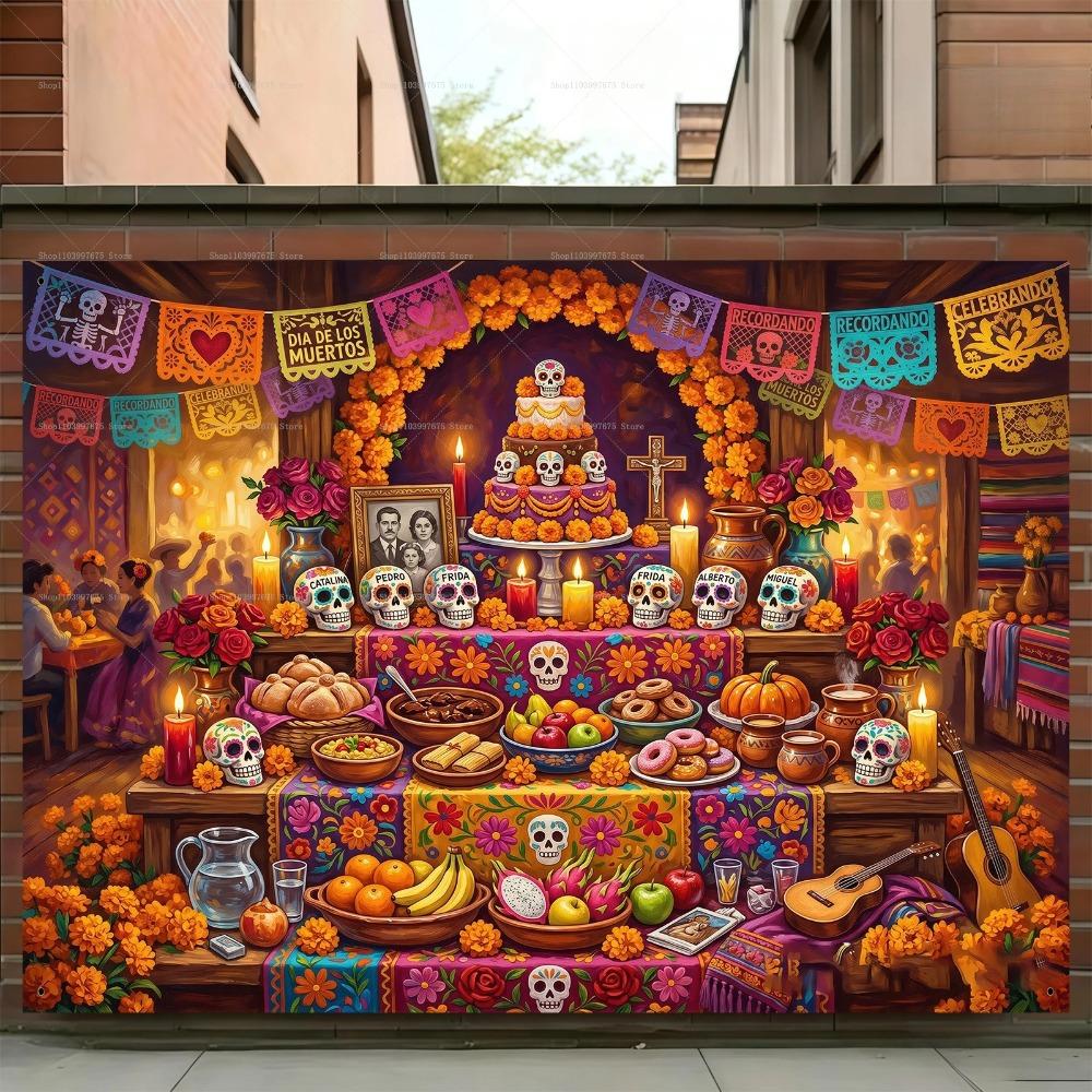 Mexican Day of The Dead Sugar Skull Theme Banner Decoration Background, Day of The Dead Party Decoration Photography Background