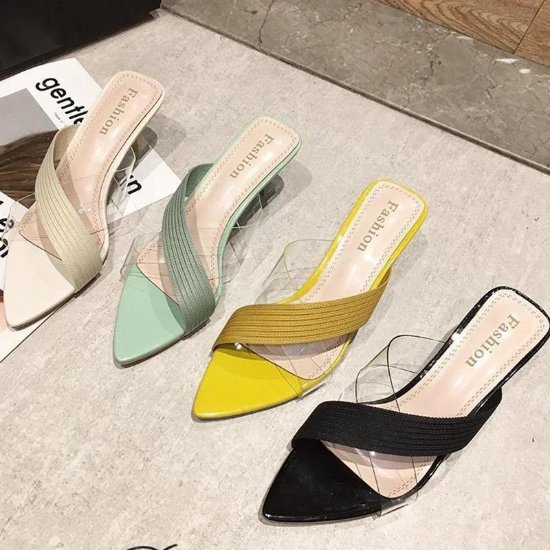 Summer Women Yellow Green Beige Pumps Sandals For Ladies Sexy Mules High Heels Slip-on Slippers Slides Shoes New 2026