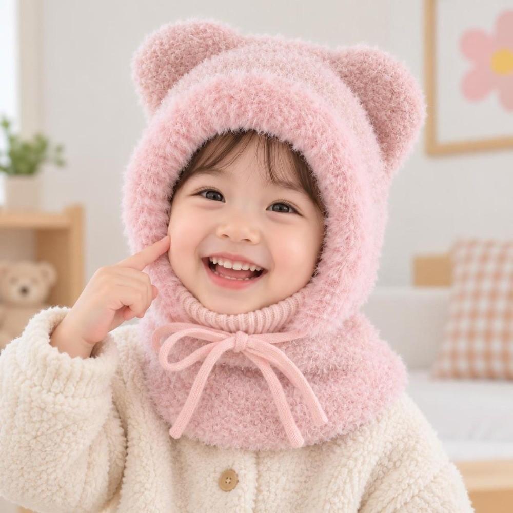 Thickened Kids Winter Beanie Knitted Thick Warm Balaclava Hooded Scarf Hat Toddlers