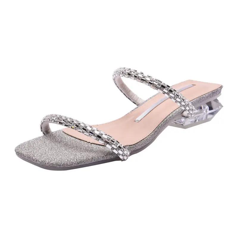 Fashion Shoes Crystals Job Women's Slippers and Ladies Sandals Slides on Word Outside Sexy Rhenstone Jewels Low Heel Natural Skin Shoe I