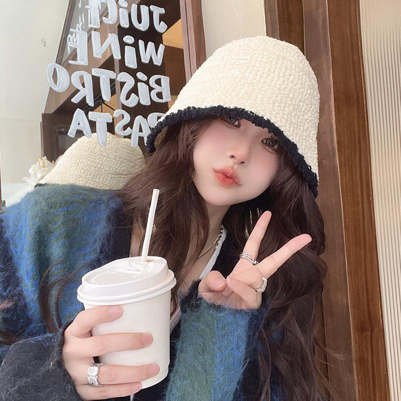 Women's Fashion Japanese and Korean Style Two Tone Bucket Hat Ladies' Autumn and Winter Warm All Match Knitted Hat