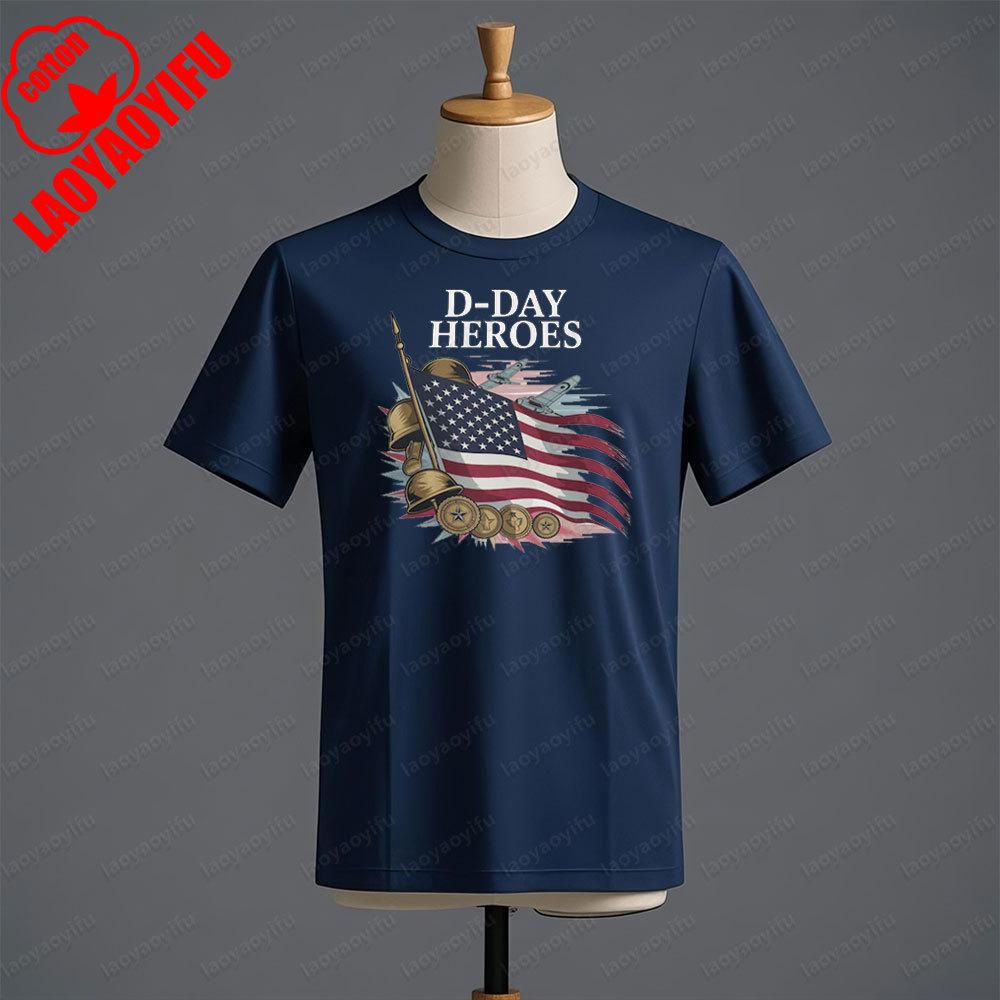 D Day Heroes T Shirt American Flag WW2 Tshirt Military Apparel Veteran Remembrance Day T Shirt Men Crewneck Cotton Short Sleeve