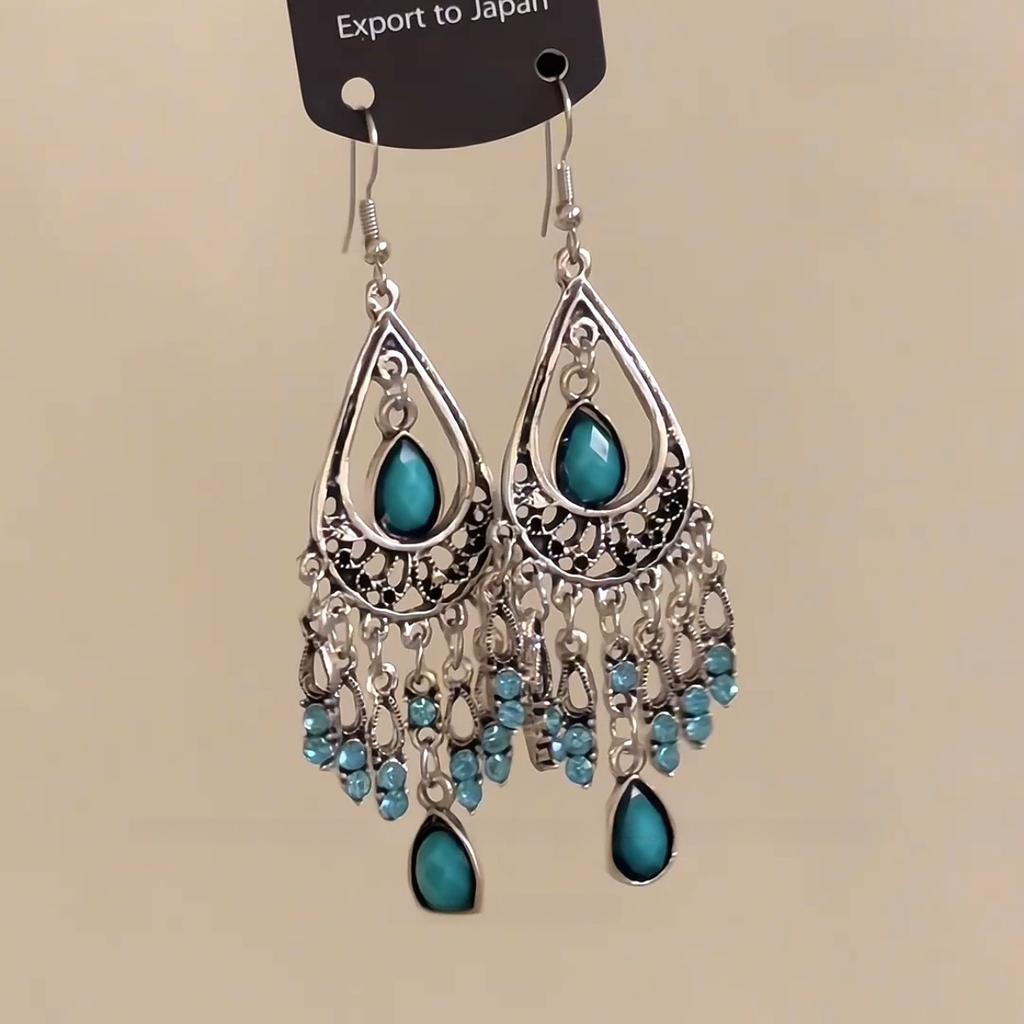 Bohemian diamond-set water drop fringed ear hook retro ethnic style earrings niche high-end fashion temperament earrings