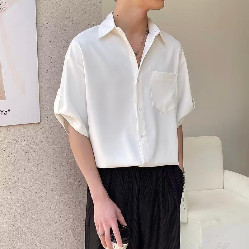 Men's Ice Silk Five-Point Sleeve Shirt - Loose, Wrinkle-Free Korean Fashion, Versatile Summer Top