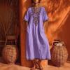 Women V Neck Ethnic Style Embroidered Short Sleeve Maxi Dress Bohemian Loose Fit Kaftan Dress Multi Color