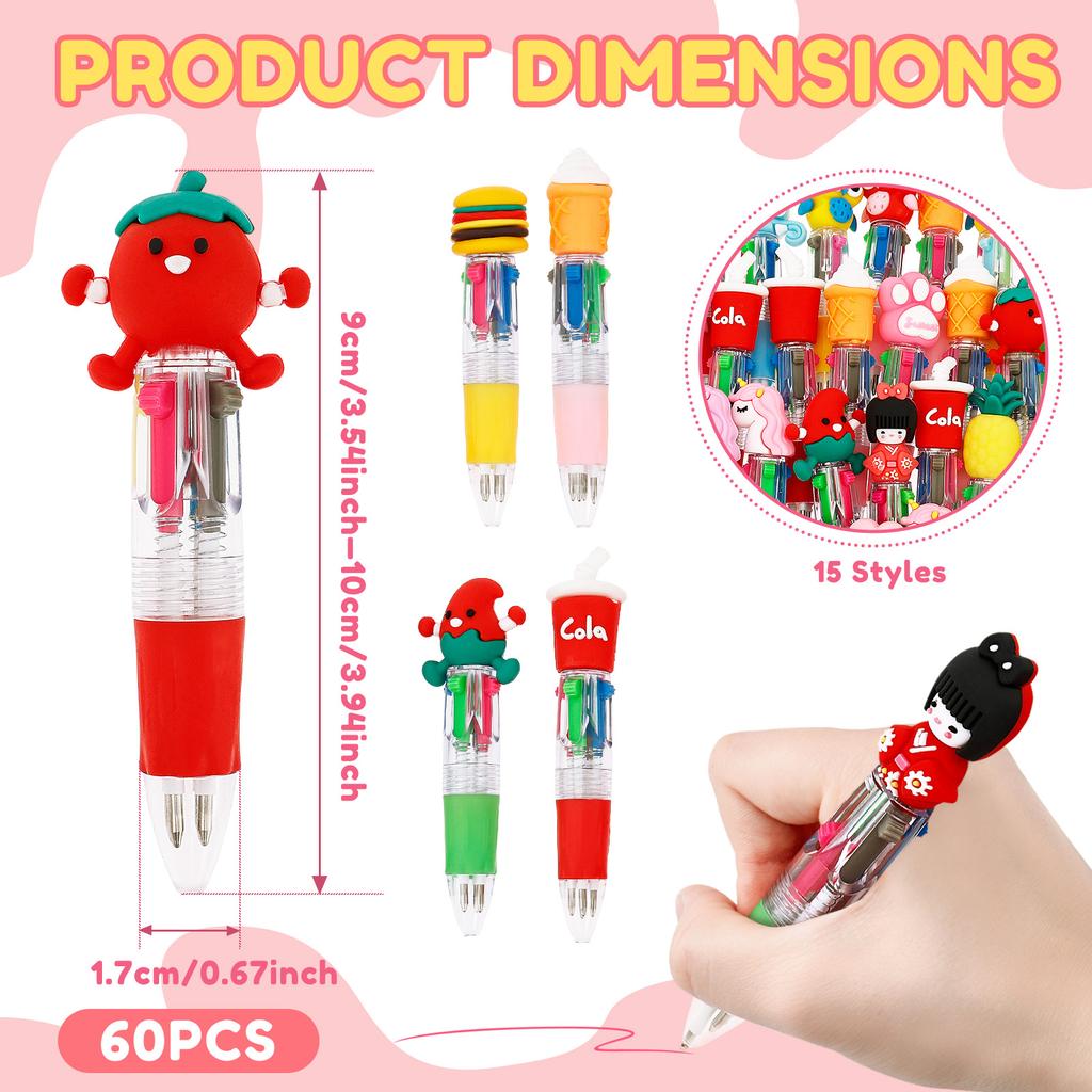 60Pcs Multicolor Pen in One for Kid 4 in 1 Colors Retractable Ballpoint Pen 15 Cute Designs Party Favor Goodie Bag Stuffer