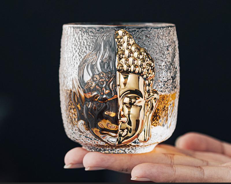 Buddhist Zen Devil Or Buddha 3D Relief Crystal S Glass Religion Azure Stone Sake Wine Cup Liquor Vodka Whisky Tumbler Teacup