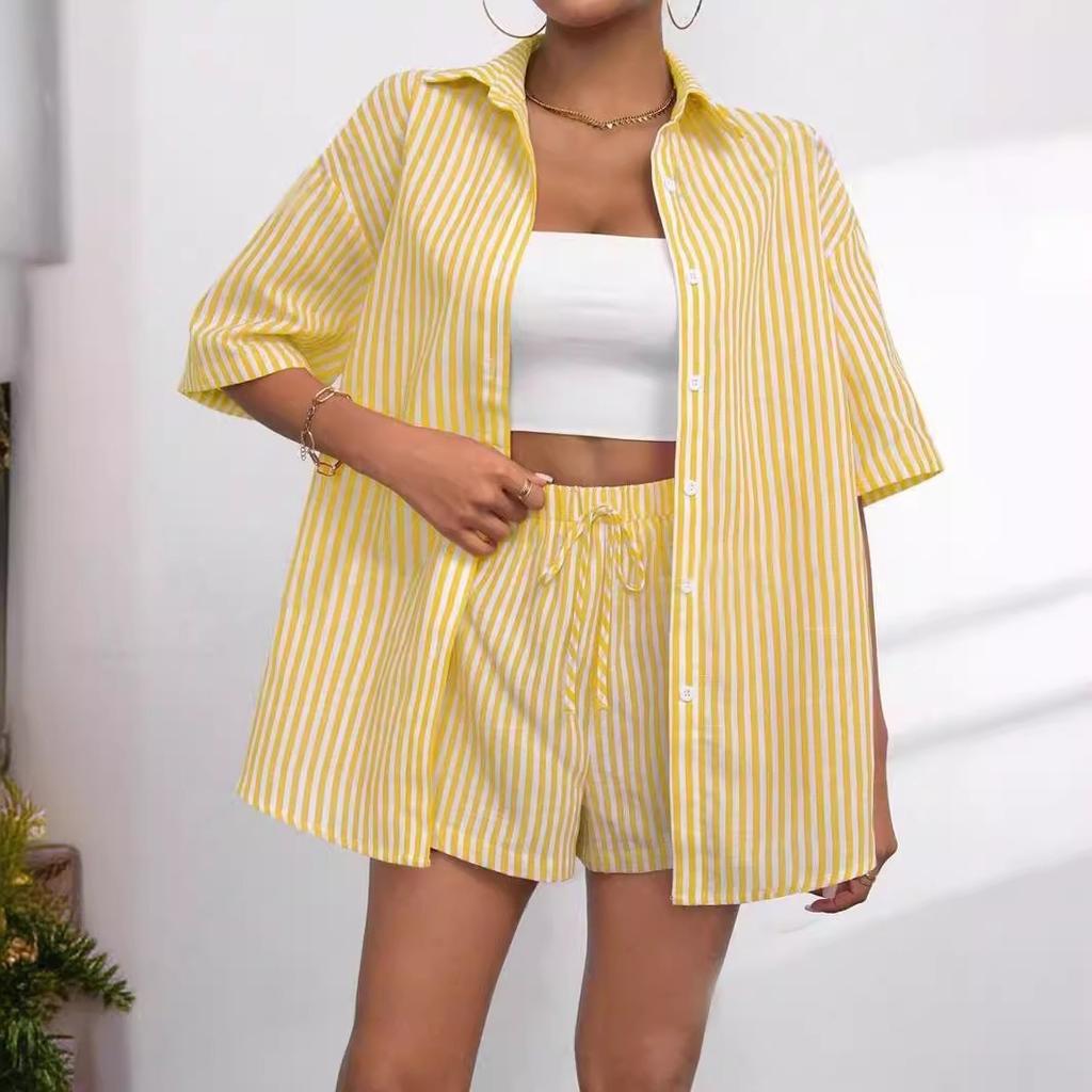 Frühling und Sommer Neue Mode Damen Outfit Gekragtes Gestreiftes Kurzarmhemd + Shorts Lässiges Zweiteiliges Set Für Damen