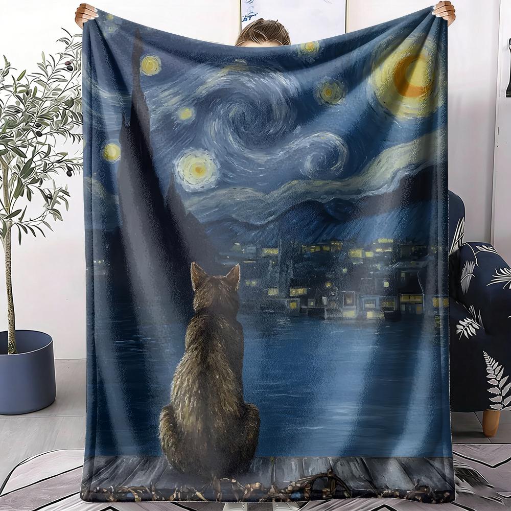 Starry Night And The Cat Throw Soft Flannel AC Blanket Lightweight Summer Nap Throw Cozy  Blanket for Sofa Bed Travel Home