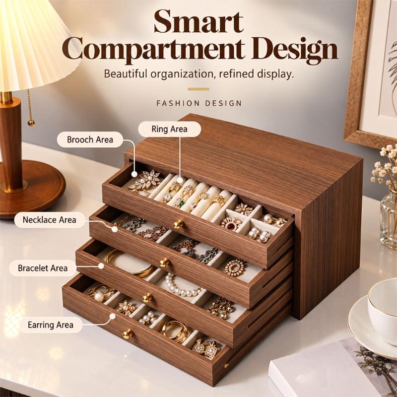 Wood Jewelry Storage Box with Sectioned Compartment Trays and Pull-Out Drawers for Vanity Storage and Tabletop Display