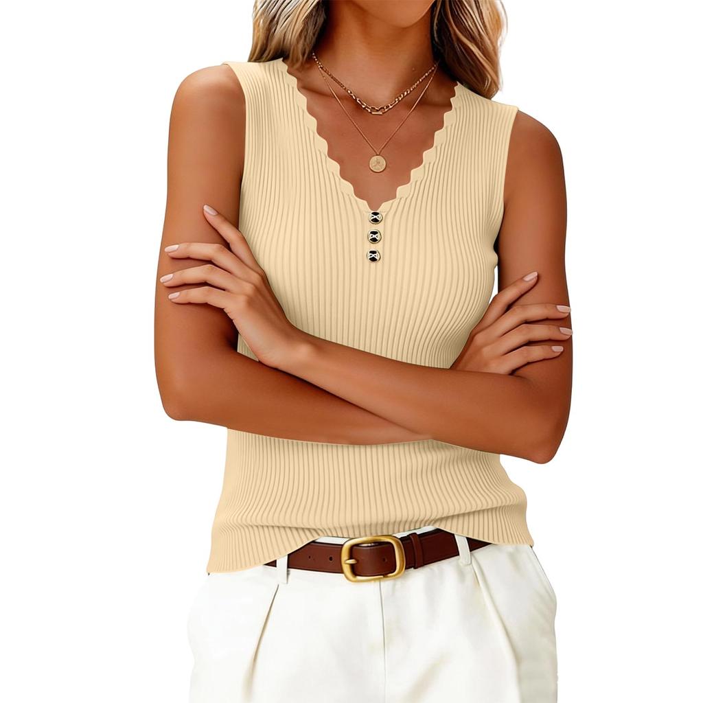 Sleeveless Ribbed Knit Top for Women V Neck Scalloped Button Fitted Pullover Tank Blouse Shirt