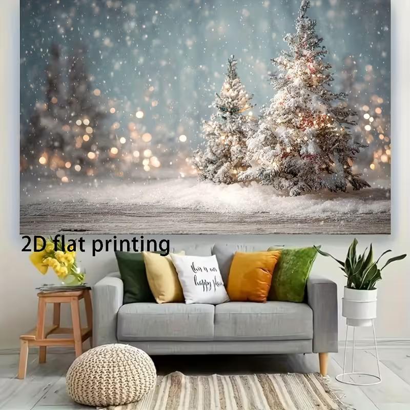 2D Cozy Snowy Christmas Photography Backdrop, Pastel Winter Scene with Snowy Trees & Lights
