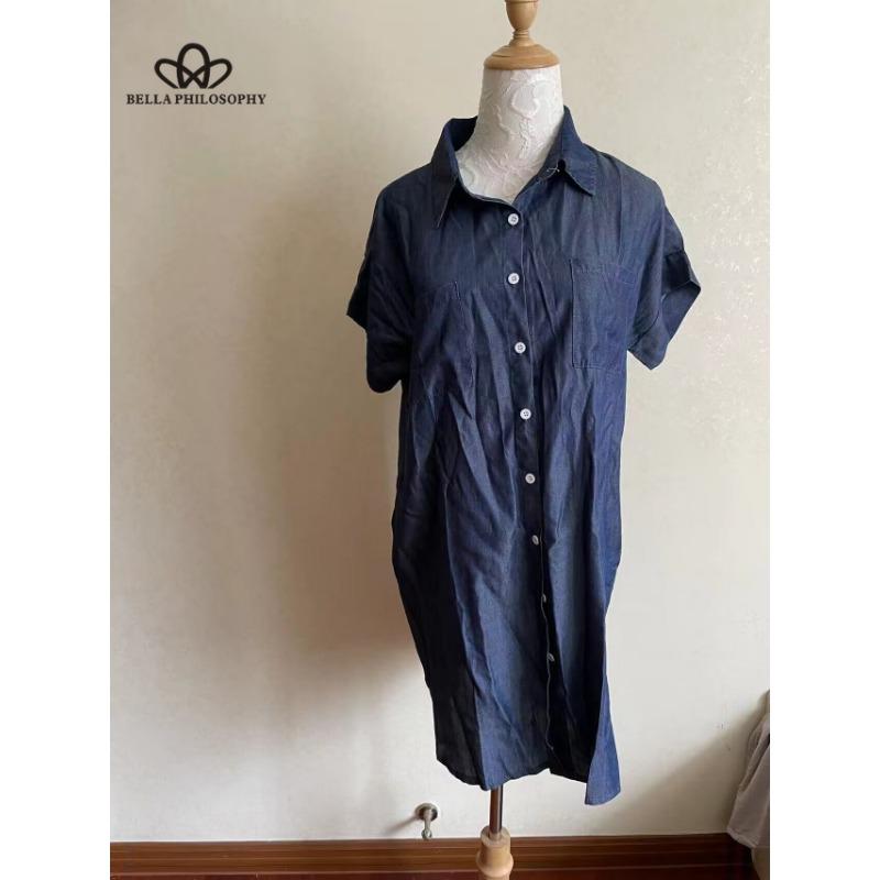 Short Sleeve Slim Fit Denim Dress Mid-Length Women's Dress Fashionable Street Style Casual Style