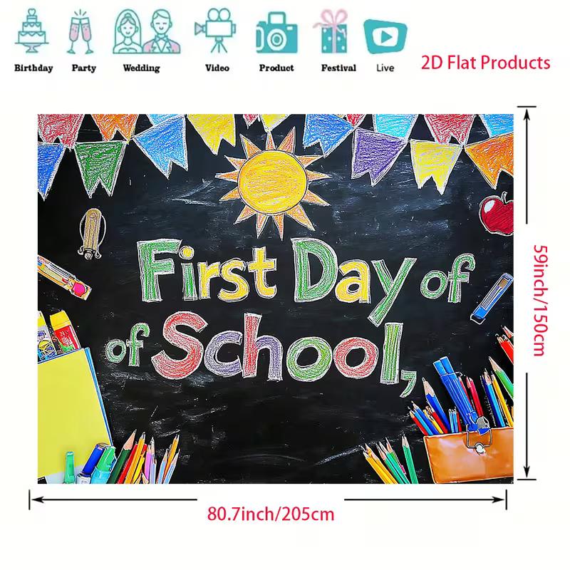 First Day of School 2D Backdrop, Blackboard Chalk Art Photography Background for School Party Decor