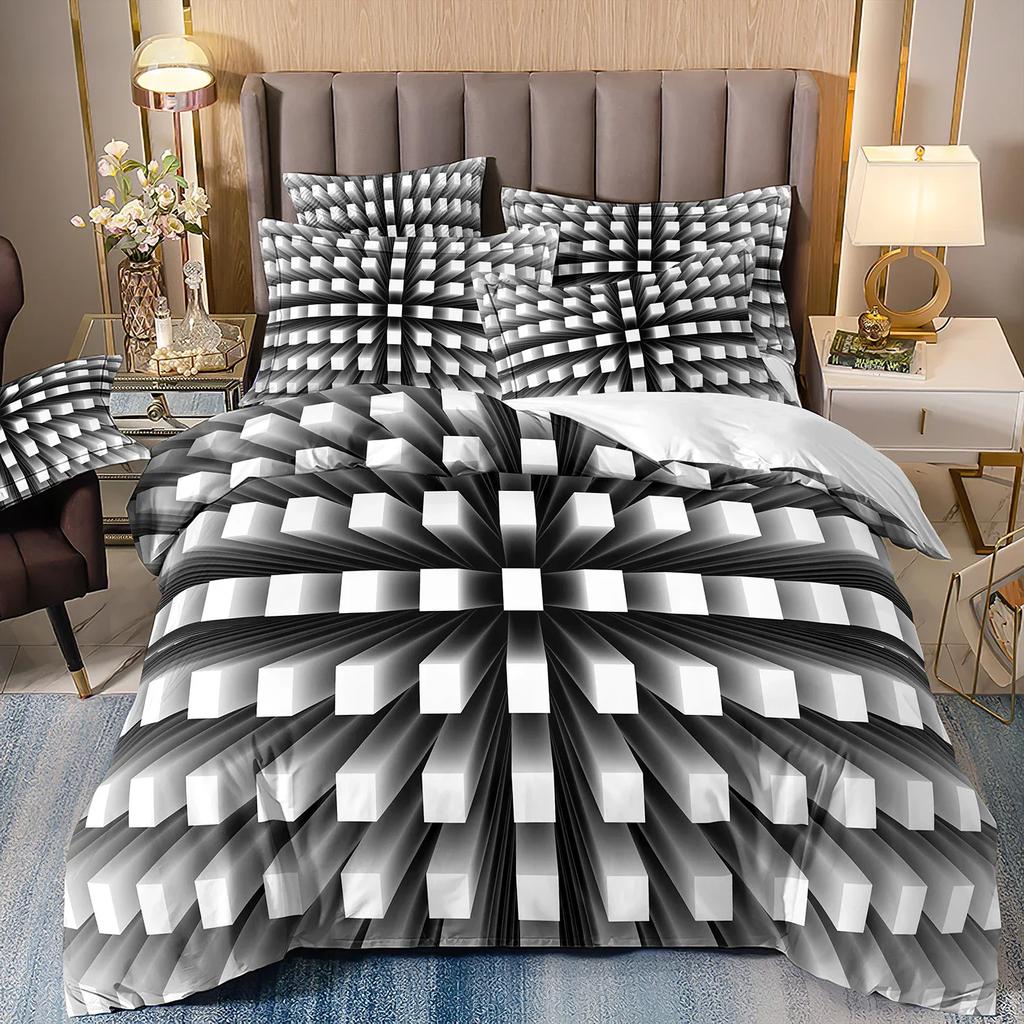 Durable Vibrant Double Polyester For Bed Abstract Style Print Honeycomb Pillowcover Black And White Quilt