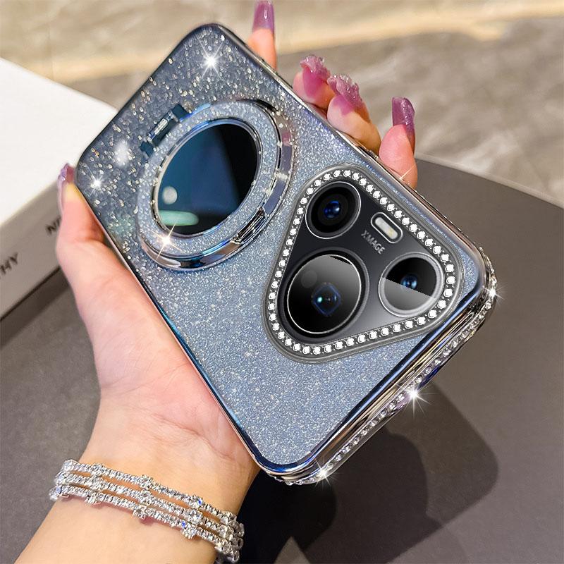 Fashion Diamond Glitter Plating Silicone Soft Case For Huawei P40 Lite P50 Pro P60 P70 Pura 70 Pro Bracket Shockproof Back Cover