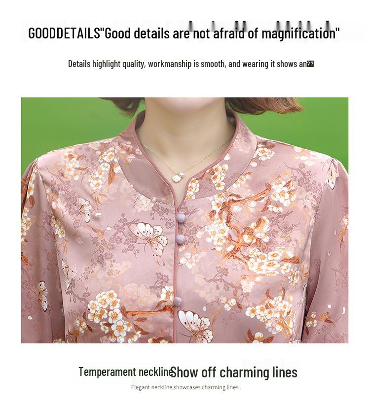 High-Quality Silk Tang Suit Shirt for Women - Summer Mid-Sleeve Plus Size Top for Middle-Aged and Seniors