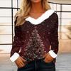 Top casual alla moda da donna a maniche lunghe con stampa natalizia e colletto in flanella