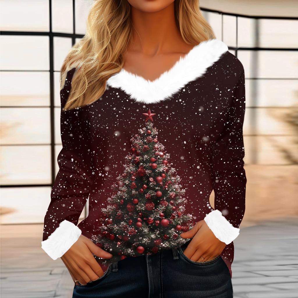 Top casual alla moda da donna a maniche lunghe con stampa natalizia e colletto in flanella