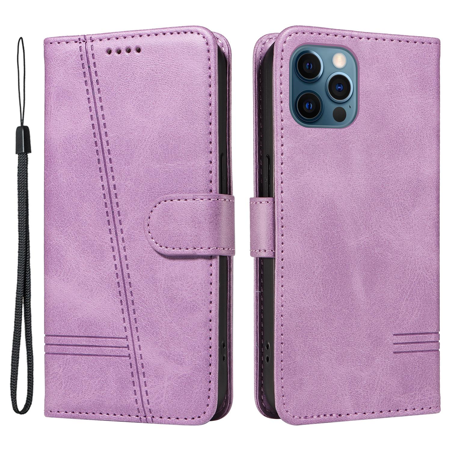 

For iPhone 12/12 Pro Anti-Scratch Phone Case Imprinted Line PU Leather Cover Wallet with Wrist Strap Light Purple