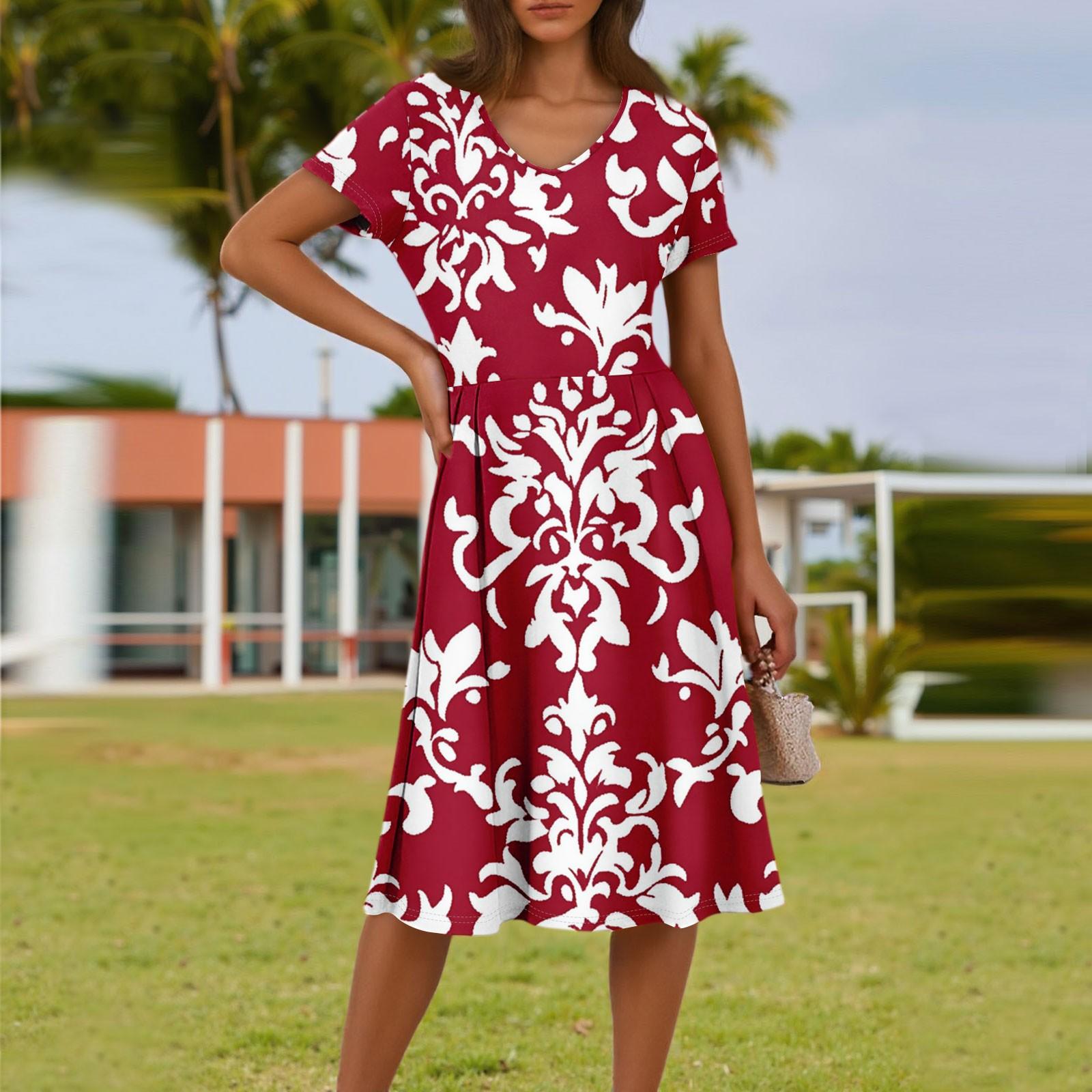 

Женское летнее модное повседневное платье с цветочным принтом, V-образным вырезом, короткими рукавами и карманом L красный