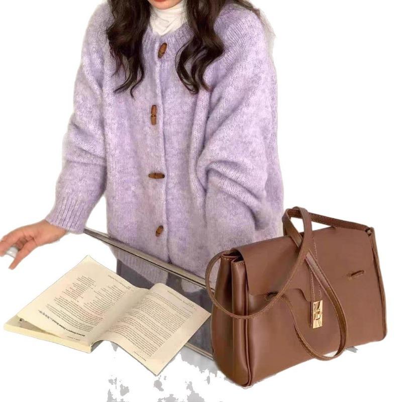 Autumn New Women's Clothing Round Neck Horn Buckle Knitted Cardigan Loose Soft Waxy Versatile Sweater Women's Top Coat