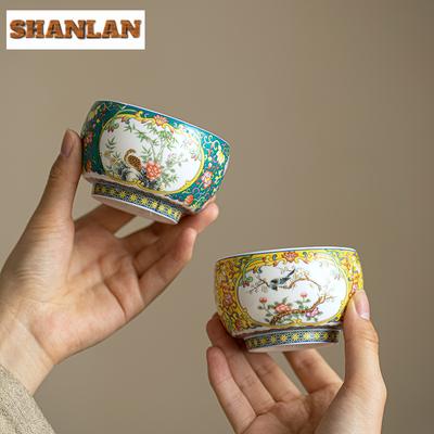 140ml Chinese Enamel Color Ceramic Teacup Mutton Fat Jade Porcelain Tea Bowl Flower Bird Master Arhat Cup Meditation Cup Teaset