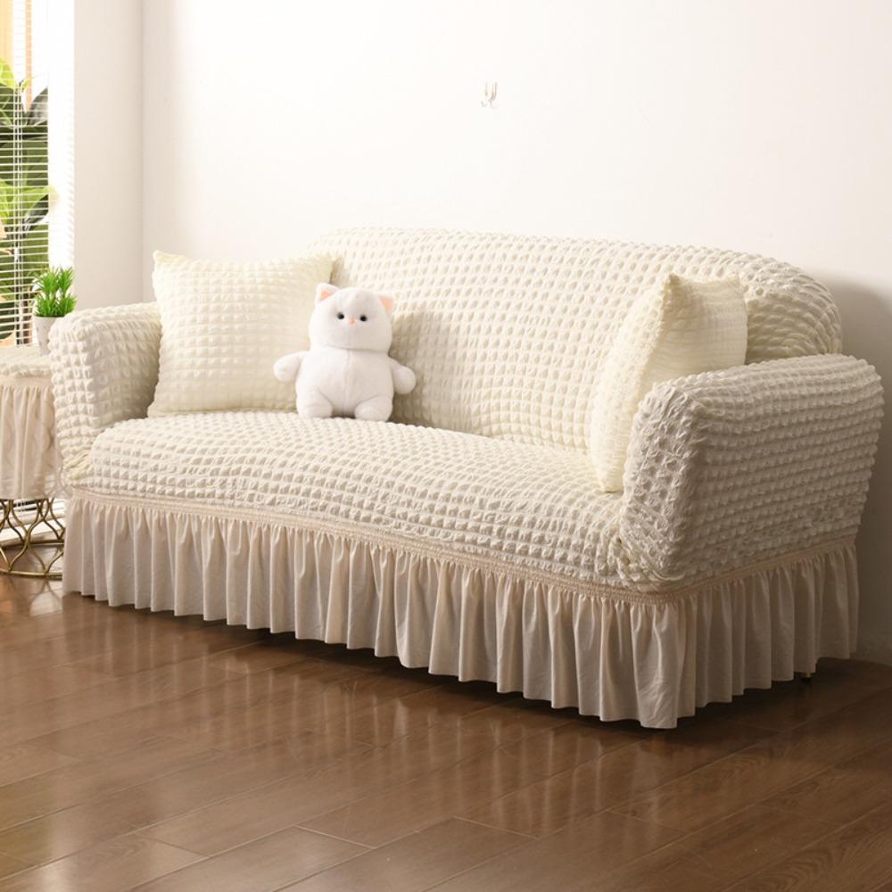 Thick Elastic Bubble Gauze Sofa Cover with Lace Full Wrap Slip Proof for Chaise Lounge Sectional Sofa