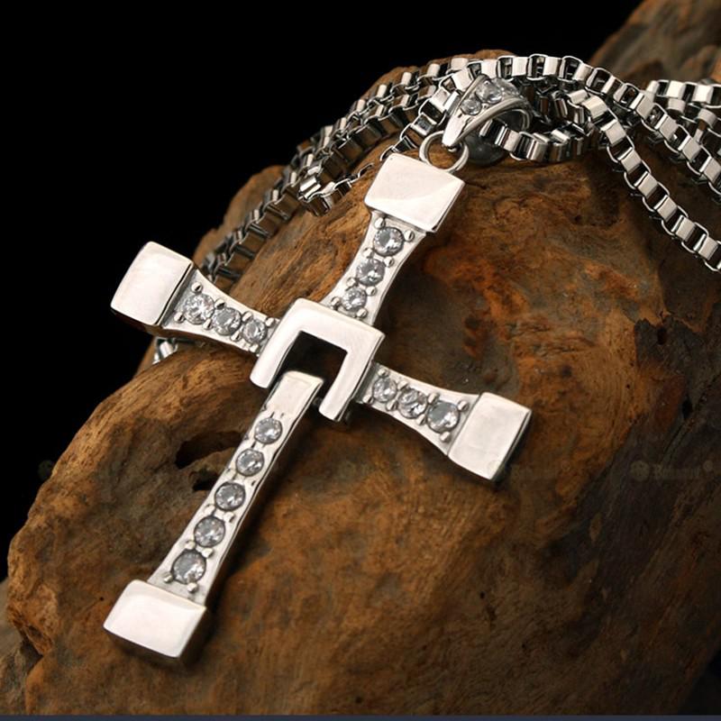 Fast and Furious Cross Necklace Dominic Toretto Cross Rhinestone Pendant Necklace Titanium Stainless Steel Necklace for Men 60cm