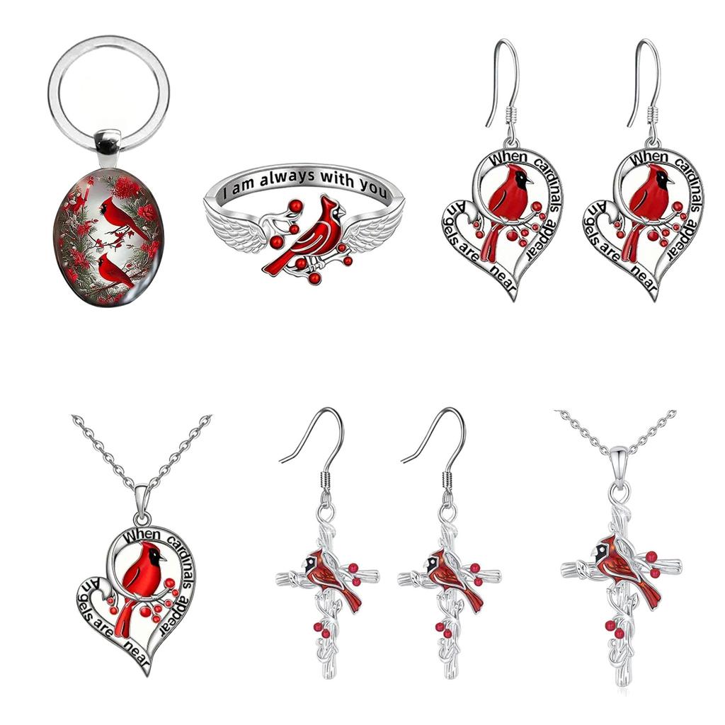 Fashion Red Bird Pendant Necklace Drop Earring Ring Unique Animals Keychain Keyring Clavicle Chain Vintage Jewelry