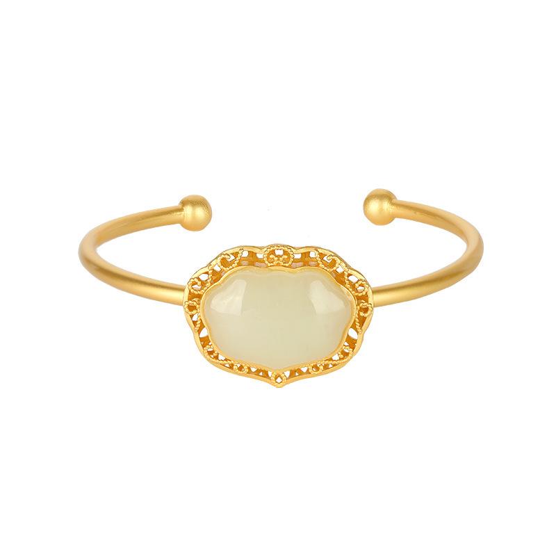 Imitation Hetian Jade Openwork Lace Geometric Bracelet - Retro White Ruyi Lock Fortune Bangle