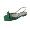 French velvet green square head with open-toed sandals women's summer bow flat low-heeled cool slippers