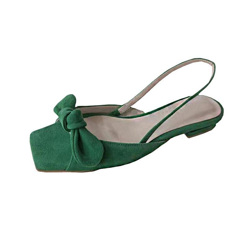 French velvet green square head with open-toed sandals women's summer bow flat low-heeled cool slippers