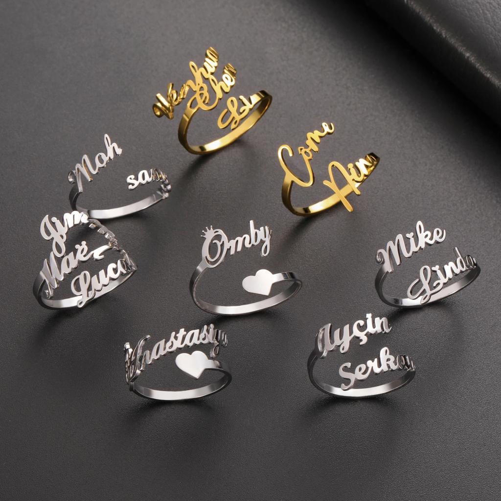 Custom 3 Double Finger Ring Personalized Family Couple Mother Father Gift For Women Men Gold Color Stainless Steel Jewelry