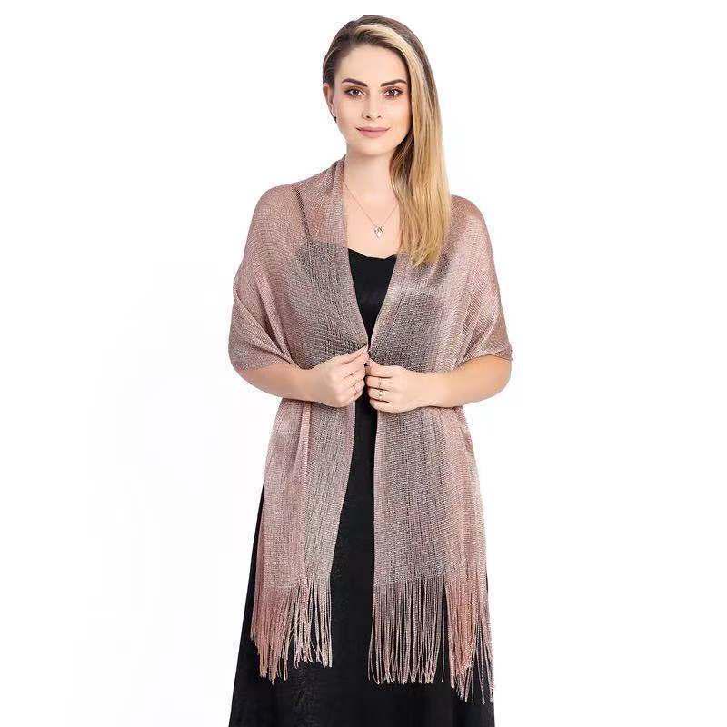 Damen Abend-Schal mit Gold- und Silberfäden und Quasten, Umhang-Design, Leicht mit Trägern, Ausgeschnittenes Bolero-Style.