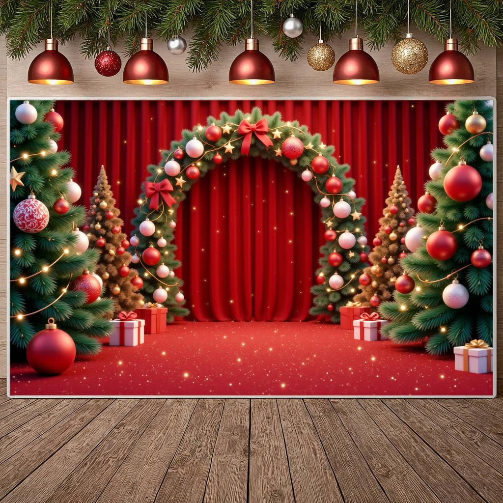 Christmas Ornament Festive Holiday Backdrop Winter Banner Red Theme Christmas Banner For Xmas Celebration Photo Shoot Indoor
