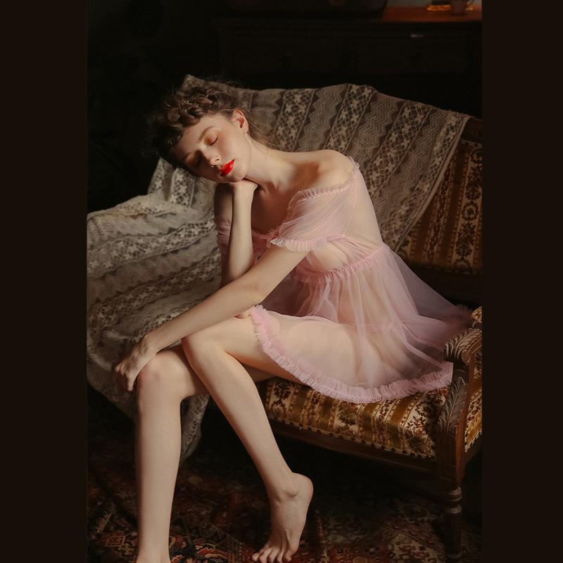 Sexy Tulle Breathable Chiffon Skirt One-shoulder Nightdress Cute Doll Skirt Transparent Ladies Pajamas