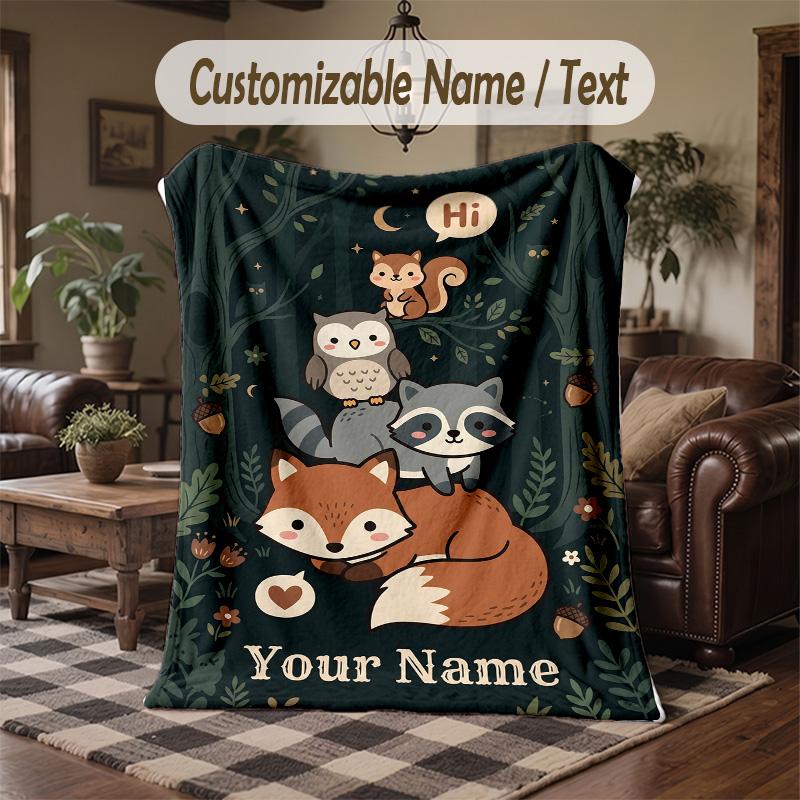 Foxes Flowers 1 Theme Throw Blanket Custom Name Text Personalized Blanket Soft Cozy Blanket for Home Sofa Bed