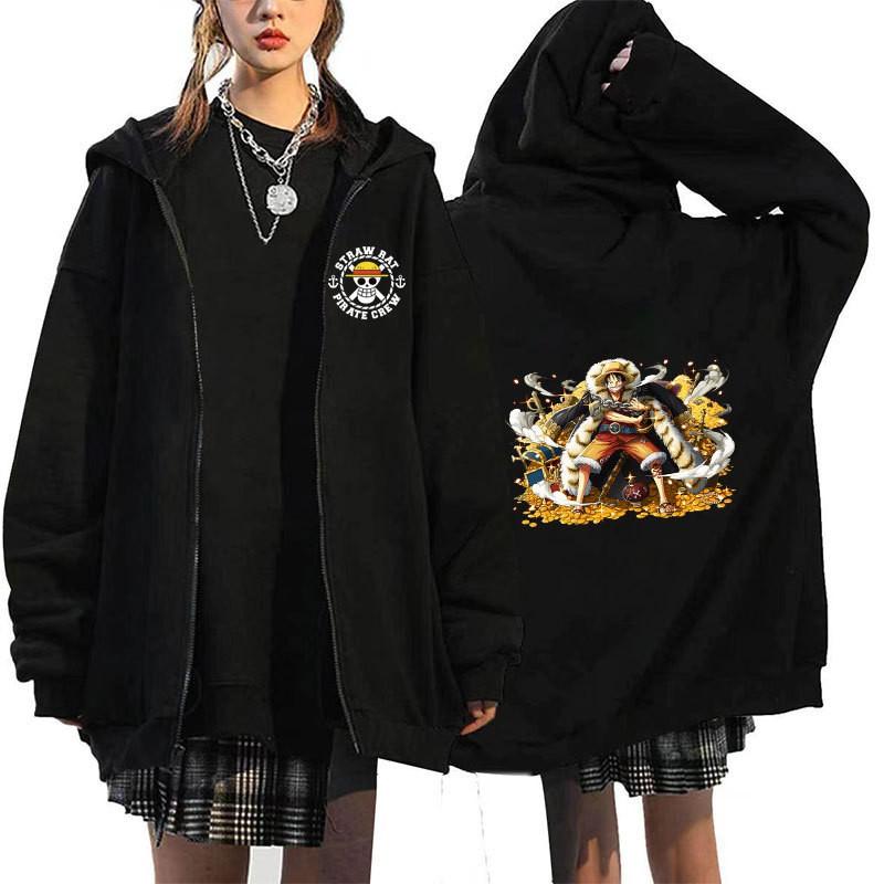 Mens Oversized Hooded Zip-Up Sweatshirt With One Piece Anime Print Plus Size Fleece-Lined Casual Jacket Fall