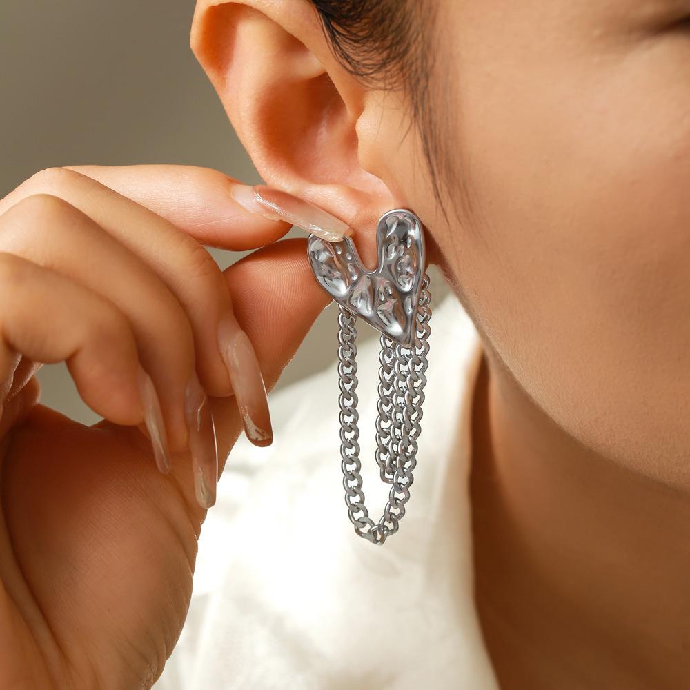 European & American Retro Heart Tassel Earrings - Hammered Texture Stainless Steel